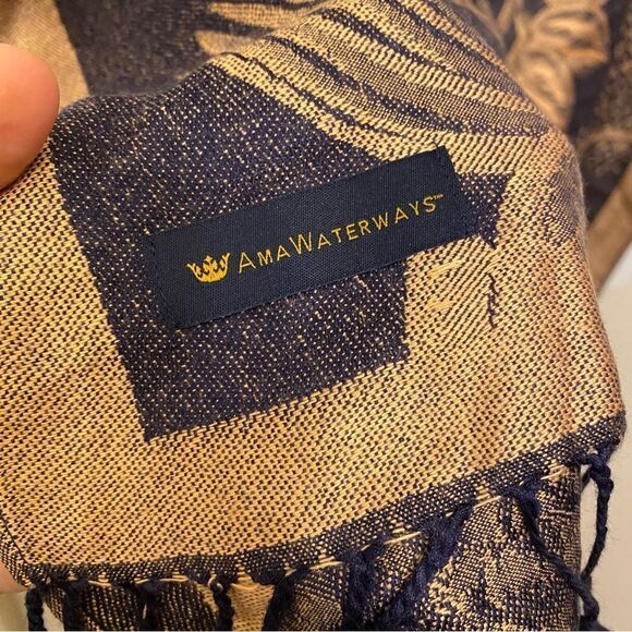Ama Waterways navy blue beige tan large floral print fringe Scarf 28x76 - Picture 9 of 10